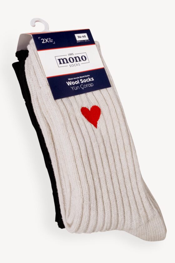 Mono Socks - 2'li Kalp Nakışlı Kalın Kışlık Yünlü Çorap - Görsel 2