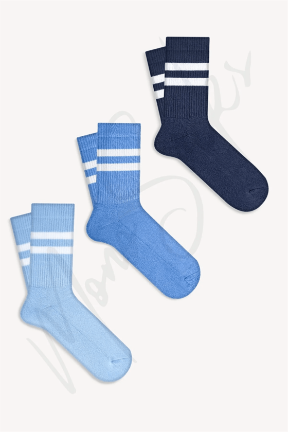 Mono Socks - 3'lü Çizgili Taban Altı Havlu Fitilli Tenis Çorabı