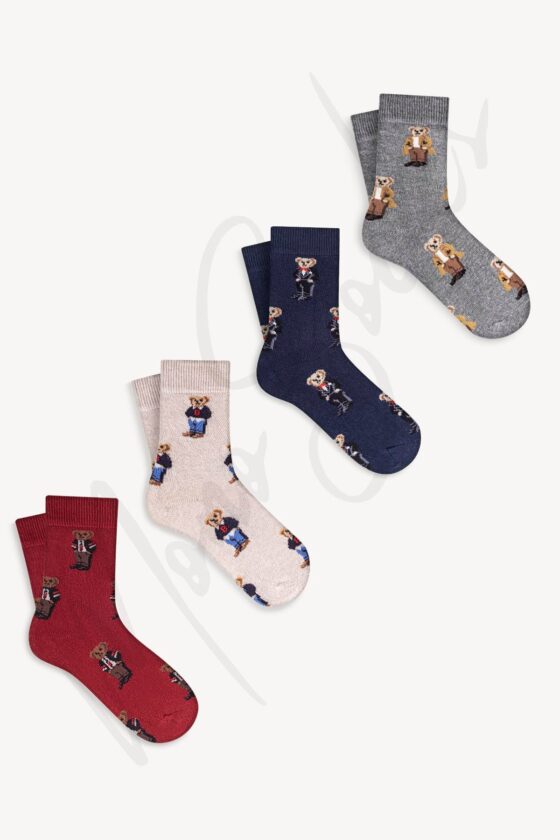 Mono Socks - 4'lü Çocuk Çoklu Teddy Bear Pamuklu Çorap