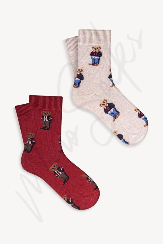 Mono Socks - 4'lü Çocuk Çoklu Teddy Bear Pamuklu Çorap - Görsel 3