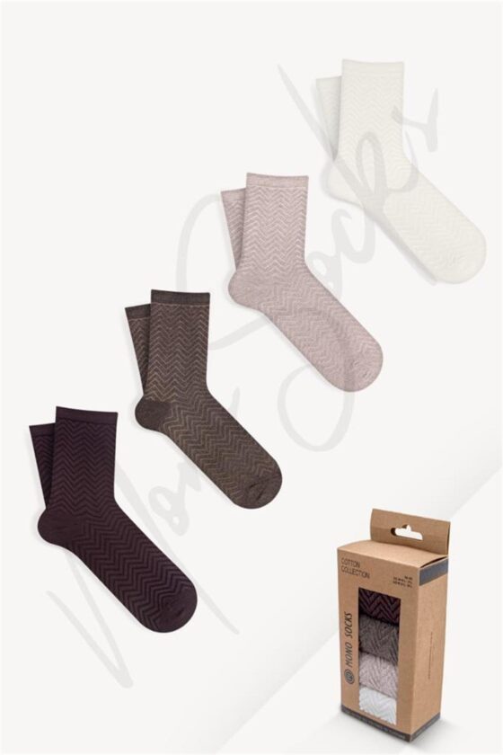 Mono Socks - 4'lü Kutulu Zikzak Desenli Kadın Soket Çorap