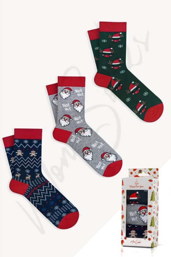 Mono Socks - 3'lü Kutulu Noel Dede Hoho Desenli Yılbaşı Hediyelik Çorap