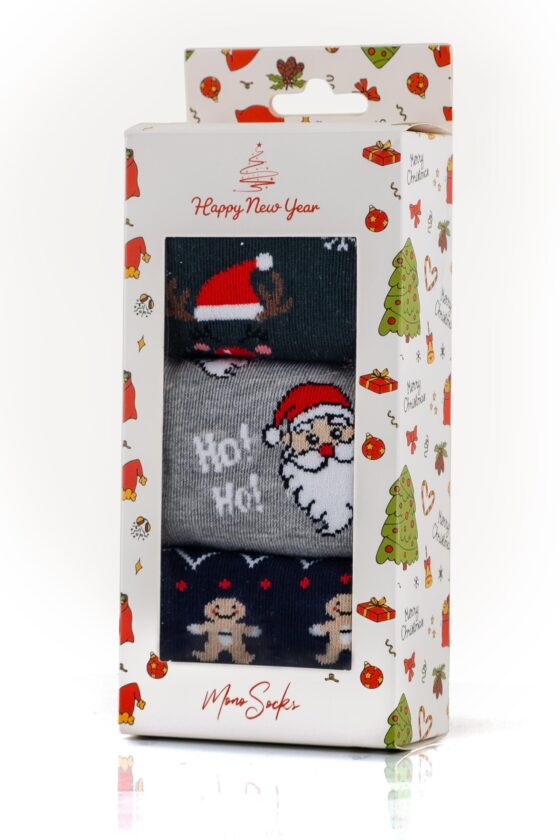 Mono Socks - 3'lü Kutulu Noel Dede Hoho Desenli Yılbaşı Hediyelik Çorap - Görsel 2